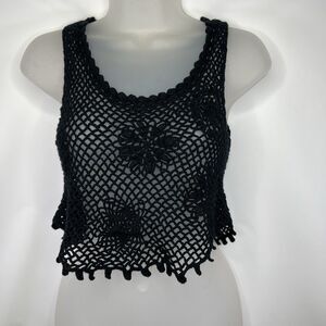 Black Crochet Floral Crop Tank Top Beachwear Size XXS XS Missing Tag